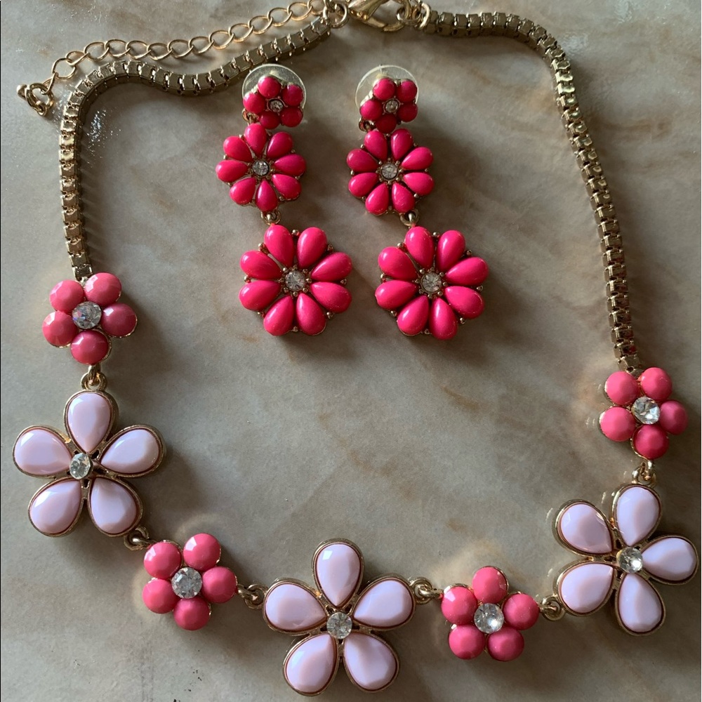 Pink flower earrings and necklace